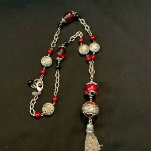 Chico's Silver and Red Beaded Heart Motive Necklace